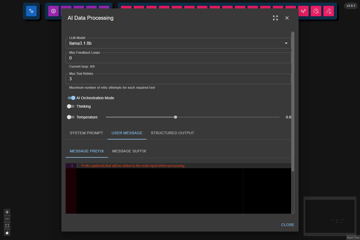 AI Data Processing Node User Message